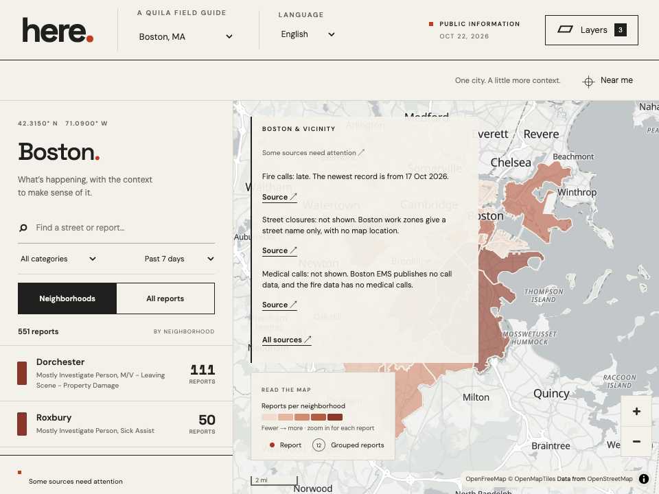 Screenshot of here.: a map of Boston with police reports shaded by neighbourhood