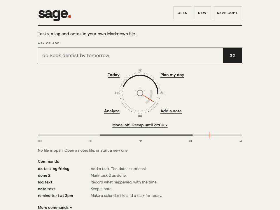 Screenshot of sage.: a command line above the Sage dial and empty lists for tasks, log and notes
