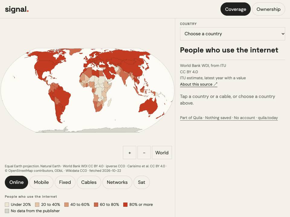 Screenshot of signal.: a world map with each country shaded by the share of people online