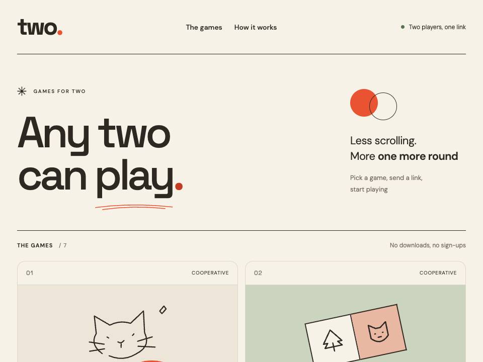 Screenshot of two.: the title Any two can play, above the first game cards